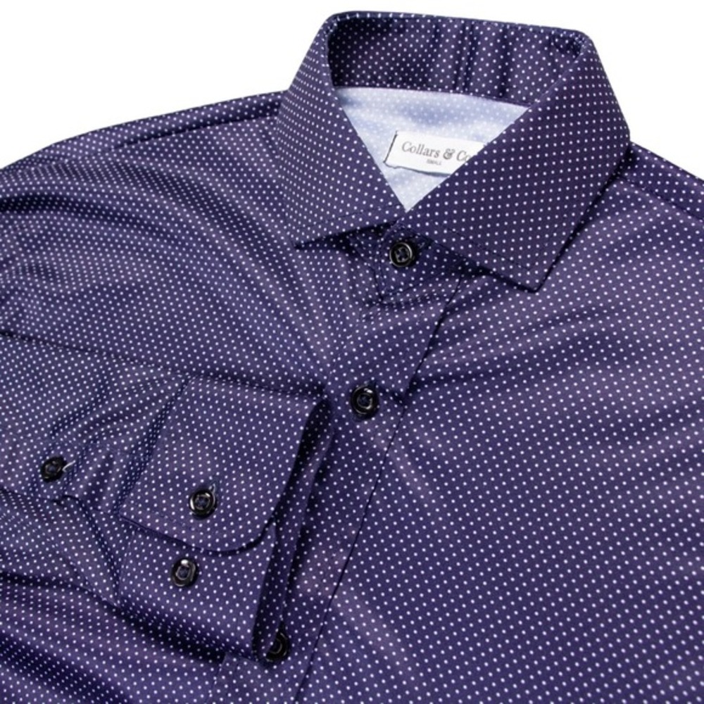 Collars & Co Mens S Blue Polka Dot Long Sleeve Performance Shirt Dress Collar